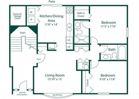 Floor plan for 2 beds, 2 baths, 900 sqft